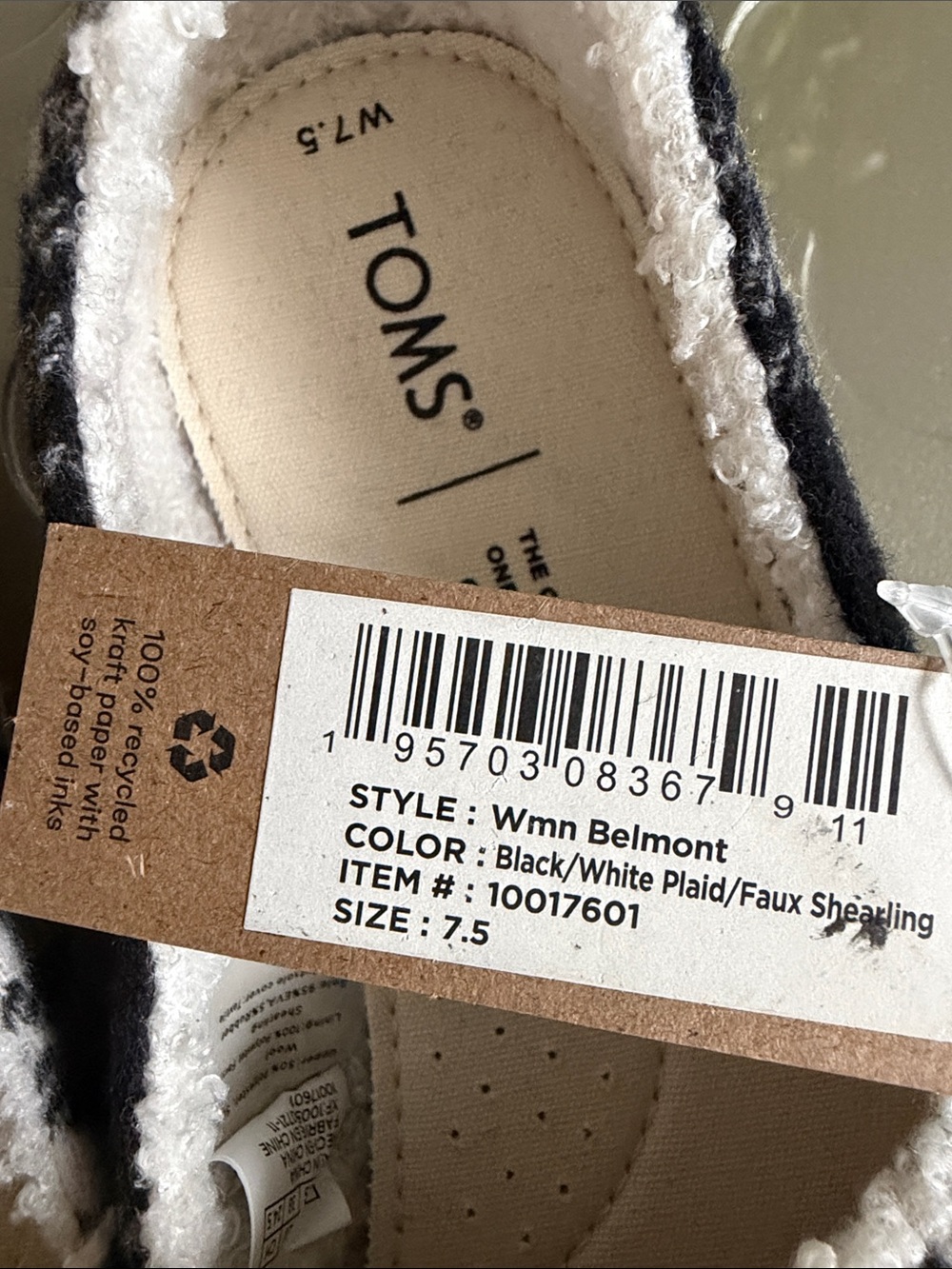 TOMS Belmont Flats Size 7.5 Women’s NWT Black & White Plaid Faux Shearling - Picture 8 of 12
